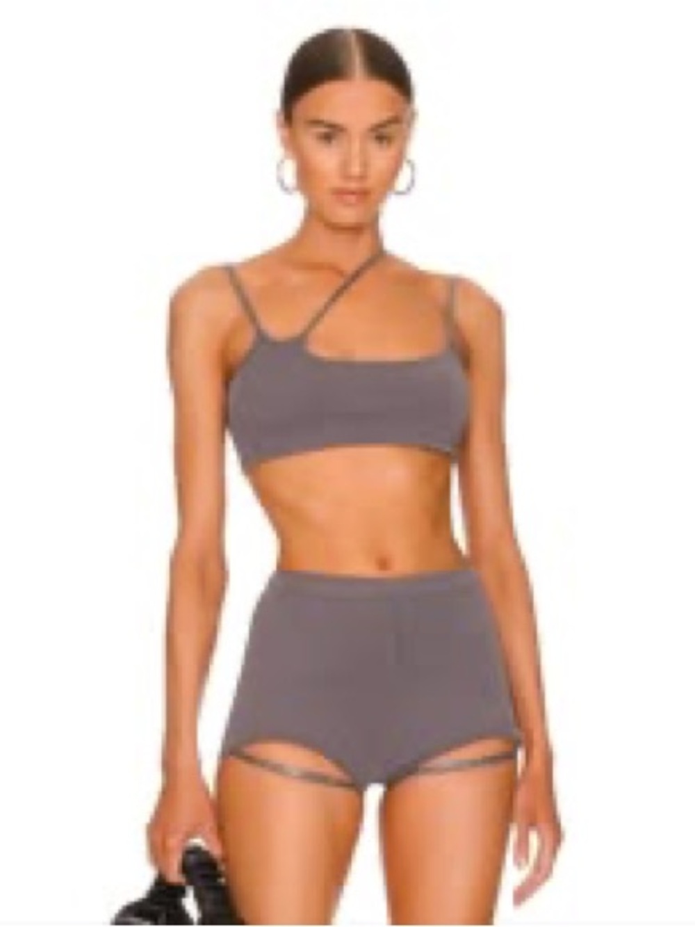 h:ours Layla Crop Top + Shorts Set Gray Knit Cutout Matching Set